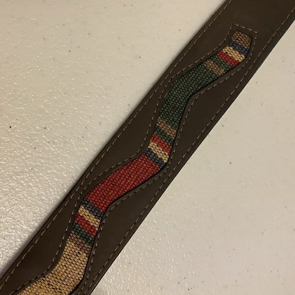 VTG 90s Women’s Belt Size 60/125 Brown Genuine Leather Multicolor Fabric Design